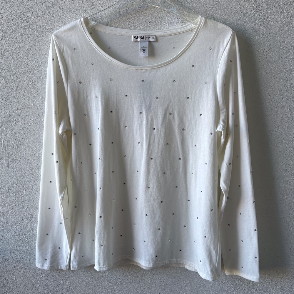 White House Black Market Large White Long Sleeve T Rhinestone Cotton Casual NWT‎